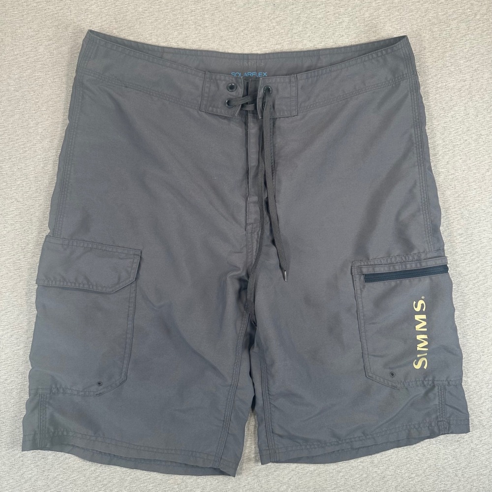 Simms SolarFlex Board Shorts Mens 34 Gray Fishing Cargo Pockets UPF Swim Trunks